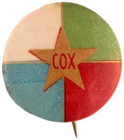 "COX" GOLDEN STAR RARE 1920 CAMPAIGN BUTTON HAKE #56.
