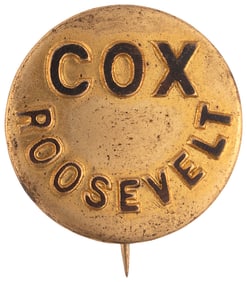 "COX ROOSEVELT" 1920 RAISED LETTERS WATERBURY BUTTON CO. PIN-BACK.