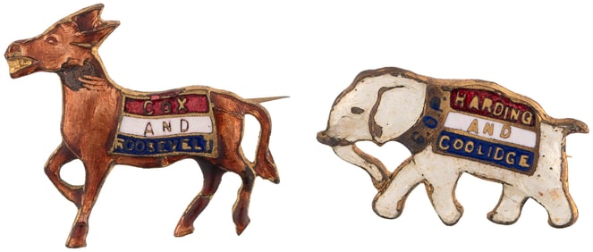 COX & HARDING FIGURAL DONKEY & ELEPHANT 1920 ENAMEL LAPEL BADGE PAIR.