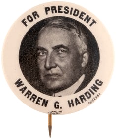 "FOR PRESIDENT WARREN G. HARDING" 1920 REAL PHOTO BUTTON HAKE #7.