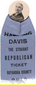 "HARDING DAVIS" COATTAIL RIBBON ON 1920 PORTRAIT BUTTON.