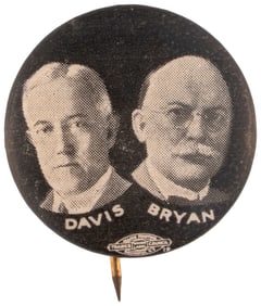 DAVIS & BRYAN 1924 DEMOCRATIC CAMPAIGN JUGATE BUTTON HAKE #1.