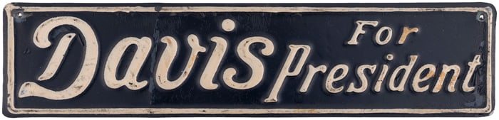 "DAVIS FOR PRESIDENT" RARE 1924 CAMPAIGN LICENSE PLATE ATTACHMENT.