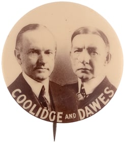 "COOLIDGE AND DAWES" 1924 REAL PHOTO 1.25" JUGATE BUTTON HAKE #2.