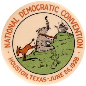 AL SMITH: TEA POT DOME CARTOON HOUSTON, TEXAS 1928 CONVENTION BUTTON HAKE #2017.