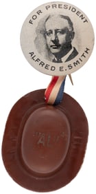 SMITH 1928 LITHO PORTRAIT BUTTON & CELLULOID "AL" HAT.