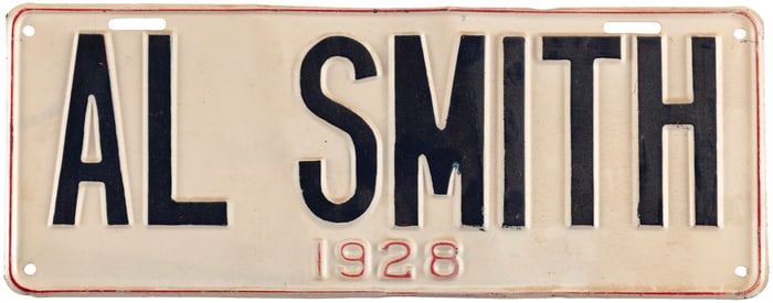 "AL SMITH 1928" OVERSIZED LICENSE PLATE ATTACHMENT.