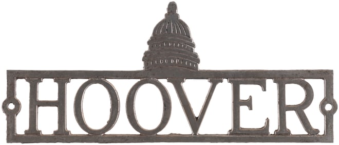 "HOOVER" RARE DIE CUT US CAPITOL MOTIF 1928 LICENSE PLATE ATTACHMENT.