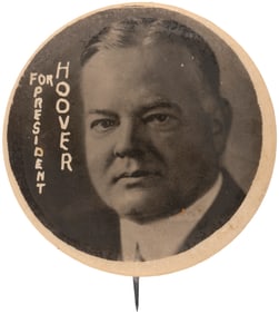 "FOR PRESIDENT HOOVER" UNUSUAL & RARE VERTICAL TEXT PORTRAIT BUTTON.