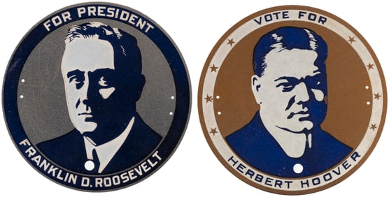 ROOSEVELT & HOOVER 1932 SCARCE PORTRIAT LICENSE PLATE ATTCHMENT PAIR.