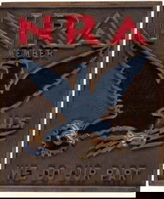 "NRA MEMBER WE DO OUT PART" SUPERLATIVE HEAVY BRASS STORE DISPLAY SIGN.