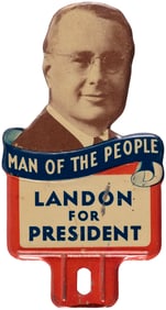 "MAN OF THE PEOPLE LANDON FOR PRESIDENT" 1936 PORTRAIT LICENSE PLATE ATTACHMENT.