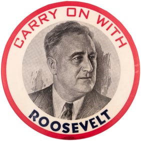 "CARRY ON WITH ROOSEVELT" SCARCE 1940 CAMPAIGN PORTRAIT BUTTON.
