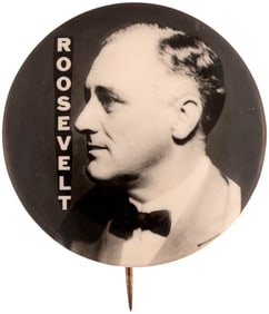"ROOSEVELT" IN BOW TIE REAL PHOTO PORTRAIT BUTTON HAKE #33.