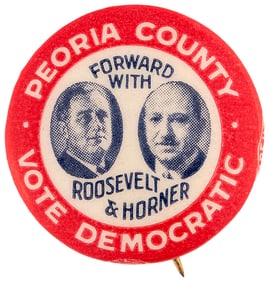 ROOSEVELT & HORNER PEORIA COUNTY ILLINOIS COATTAIL JUGATE BUTTON HAKE #162.