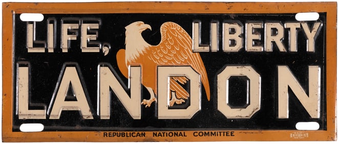 "LIFE, LIBERTY LANDON" RARE BALD EAGLE 1938 LICENSE PLATE ATTACHMENT.
