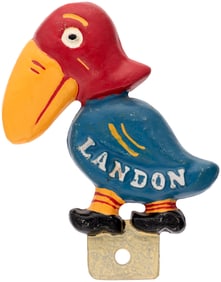 "LANDON" RARE 1936 KANSAS JAYHAWK LICENSE PLATE ATTACHMENT.