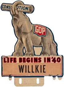 "LIFE BEGINS IN '40 WILLKIE" FIGURAL ELEPHANT LICENSE PLATE ATTACHMENT.