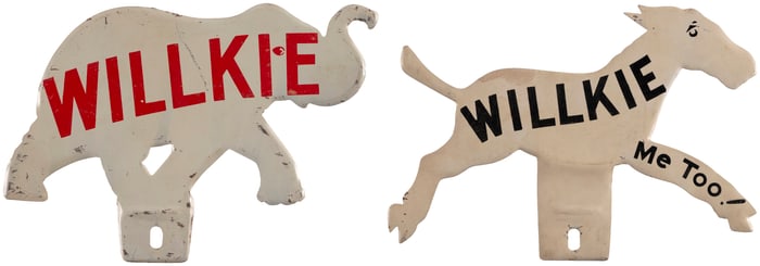"WILLKIE" & "ME TOO!" 1940 ELEPHANT & DONKEY DIE CUT LICENSE PLATE ATTACHMENT PAIR.