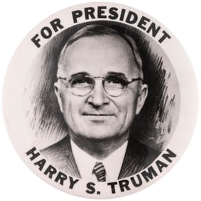 "FOR PRESIDENT HARRY S. TRUMAN" RARE 1948 3.5" REAL PHOTO SKETCH PORTRAIT BUTTON.