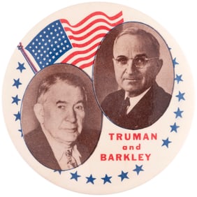 "TRUMAN AND BARKLEY" LARGE 1948 JUGATE BUTTON HAKE #3.