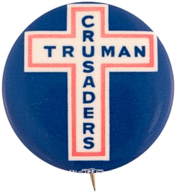 "TRUMAN CRUSADERS" 1948 CIVIL RIGHTS CROSS DESIGN BUTTON HAKE #28.