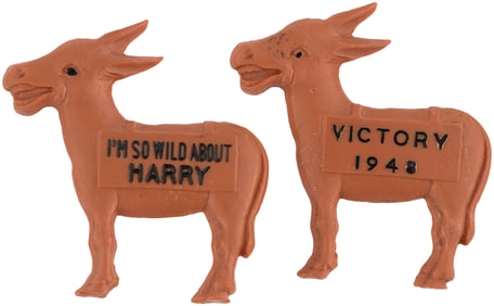 TRUMAN "I'M SO WILD ABOUT HARRY" & "VICTORY 1948" FIGURAL DONKEY BADGE PAIR.