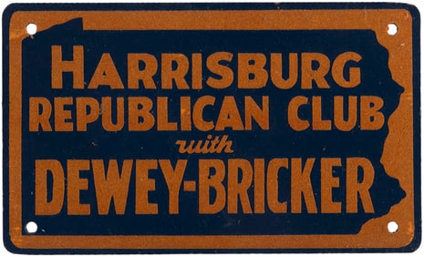 "HARRISBURG REPUBLICAN CLUB WITH DEWEY BRICKER" 1944 LICENSE PLATE ATTACHMENT.