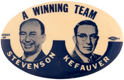 STEVENSON & KEFAUVER "A WINNING TEAM" 1956 OVAL JUGATE BUTTON.