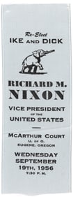 EISENHOWER: NIXON 1956 EUGENE, OREGON SINGLE DAY EVENT RIBBON.