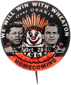 KENNEDY-NIXON WHEATON, MN OCT. 28, 1960 HOMECOMING BUTTON FIRST SEEN COLORIZED.
