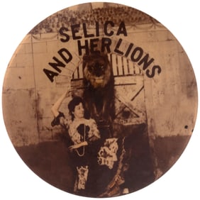 SELICA AND HER LIONS FIRST SEEN REAL PHOTO BUTTON C. 1904.