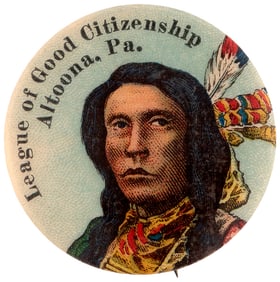 "LEAGUE OF GOOD CITIZENSHIP" MEMBER BUTTON WITH SUPERB COLOR NATIVE AMERICAN.