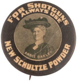 RARE ANNIE OAKLEY ENDORSING SHOTGUN SHELL BUTTON.
