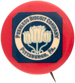 PEERLESS BISCUIT OF PITTSBURGH BUTTON W/ART NOUVEAU FLOWER DESIGN.