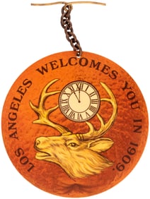 LARGE ELKS CELLO W/BRASS HANGER "LOS ANGELES WELCOMES YOU IN 1909."