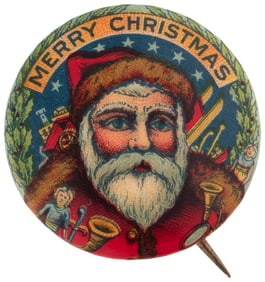 SUPERB 7/8" SANTA "MERRY CHRISTMAS" COLORFUL BUTTON.