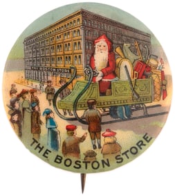 SANTA IN TOY LADEN SLEIGH BUTTON FOR THE BOSTON STORE.