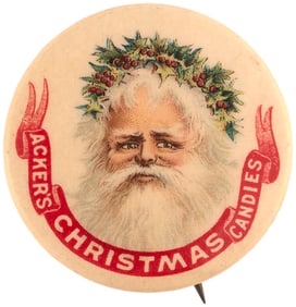 SANTA GIVE-AWAY BUTTON FOR ACKER'S CHRISTMAS CANDIES.