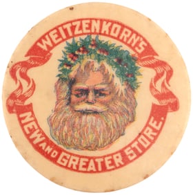 SANTA SECOND SEEN BUTTON FOR POTTSTOWN, PA "WEITZENKORN'S NEW AND BETTER STORE."