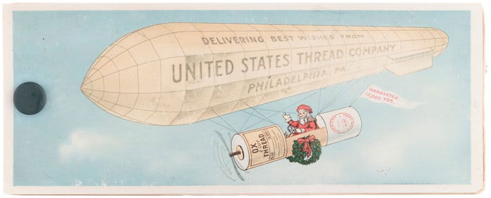 SANTA FLYING ZEPPELIN AIR SHIP "UNITED STATES THREAD COMPANY" CELLO ADVERTISING BLOTTER.