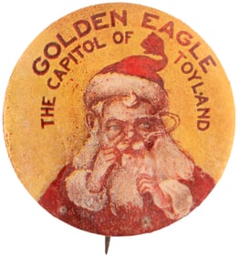 SANTA FINGER TO NOSE BUTTON FROM "GOLDEN EAGLE THE CAPITOL OF TOYLAND.