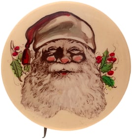 SANTA COLOR TINTED PHOTOGRAPHIC FIRST SEEN BUTTON IN 1.75" SIZE.
