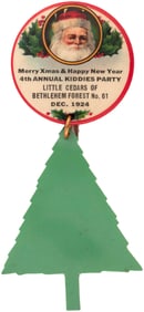 SANTA AND NEW YEAR "KIDDIES PARTY" SOUVENIR 1924 BUTTON FROM "LITTLE CEDARS."