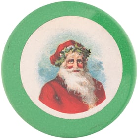 LARGE FIRST OFFERED FULL COLOR SANTA PAPER UNDER CELLO ON 2.5" BUTTON.