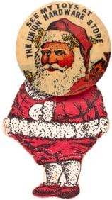 SANTA BUTTON W/DIE-CUT PAPER ON FABRIC BODY FOR UNION HARDWARE STORE.