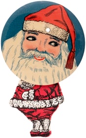 BIG SANTA BUTTON W/DIE-CUT PAPER ON FABRIC BODY FIRST SEEN.