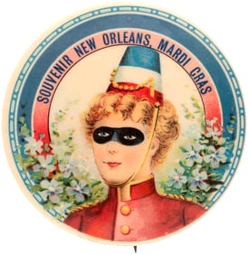SOUVENIR NEW ORLEAN MARDI GRAS STUNNING COLOR C. 1905 BUTTON.