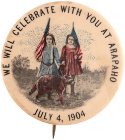 OKLAHOMA JULY 4, 1900 ARAPAHO CELEBRATION BUTTON W/TWO GIRLS & RACCOON.