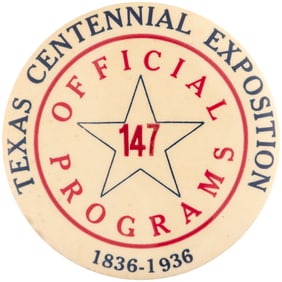 LARGE 1938 TEXAS CENTENNIAL BUTTON FOR A "OFFICIAL PROGRAMS" VENDOR.